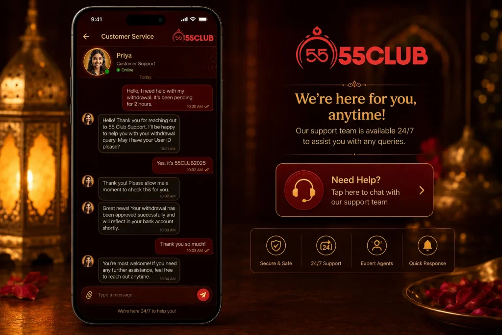 55 Club customer support chat inside the mobile application