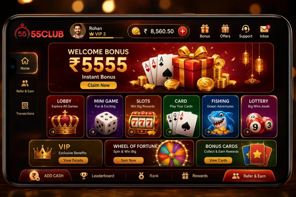 55 Club official website homepage on Android smartphone