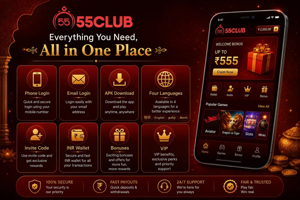 Key features of the 55 Club platform including login bonuses and APK download