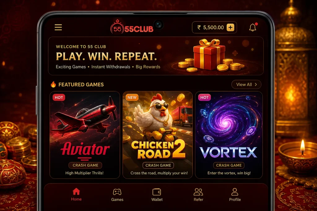Popular games available on the 55 Club official website